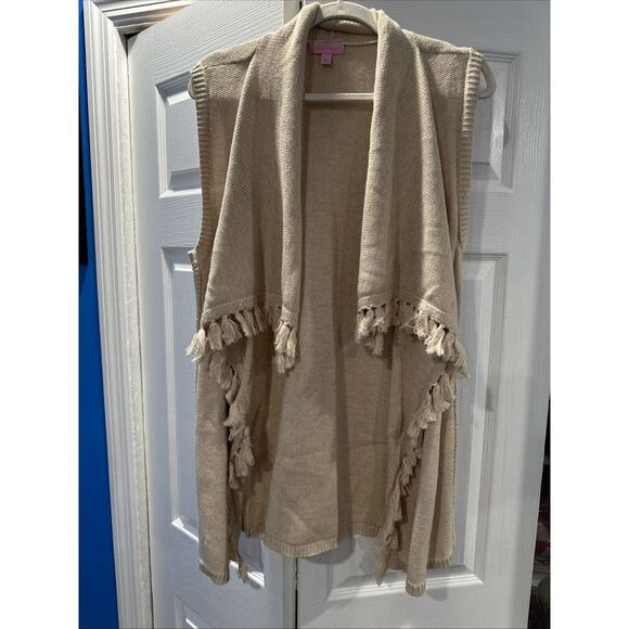 Lilly Pulitzer Abbott Sweater Vest Beige Khaki Fringe Tassels Metallic Woman's L - Picture 1 of 4